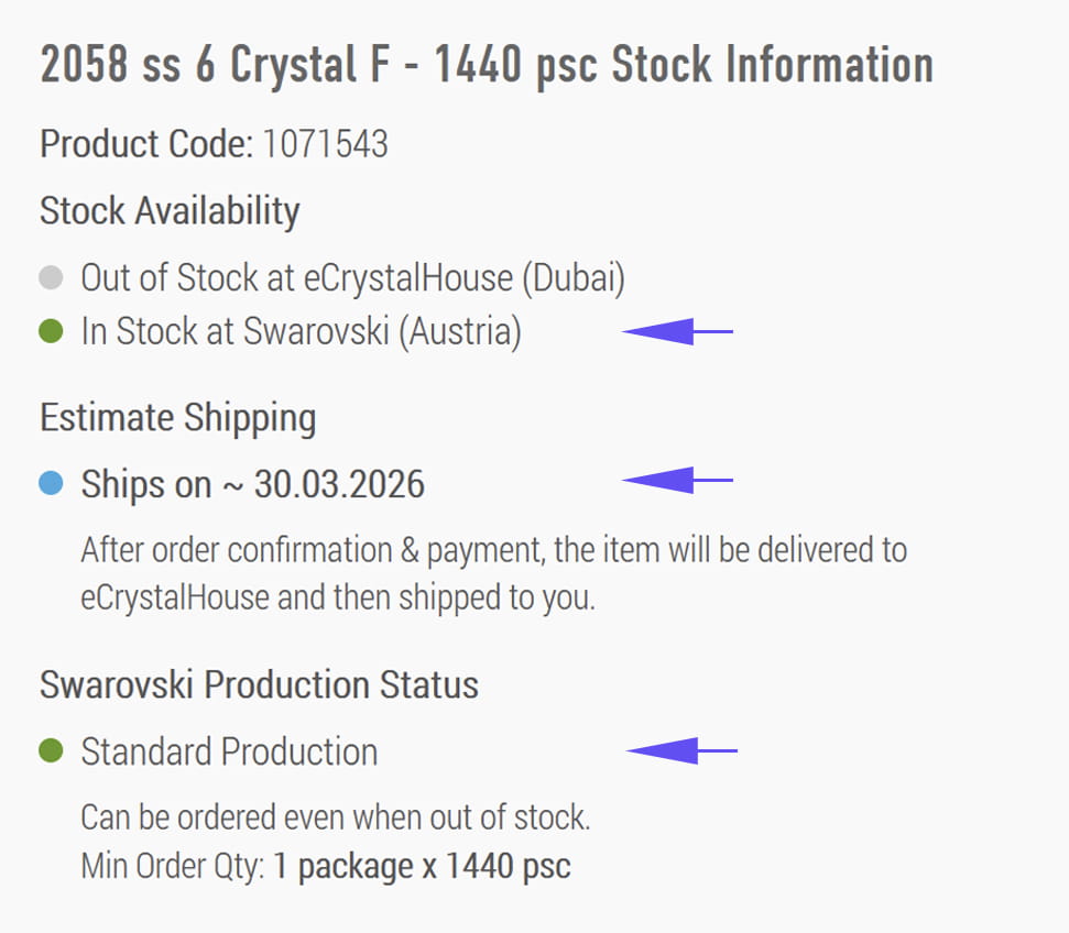 Estimated Shipping Date and Production status on the individual product page