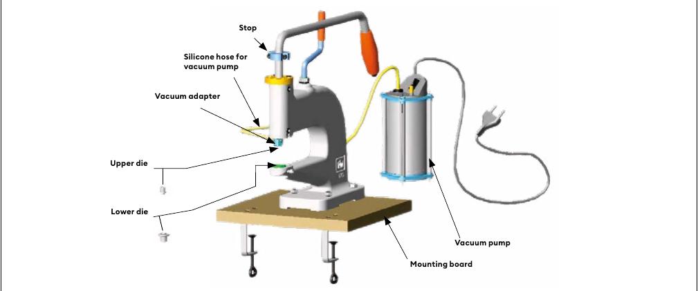 Fly press with stop, vacuum hose, vacuum adapter, upper die, lower die, vacuum pump and mounting board