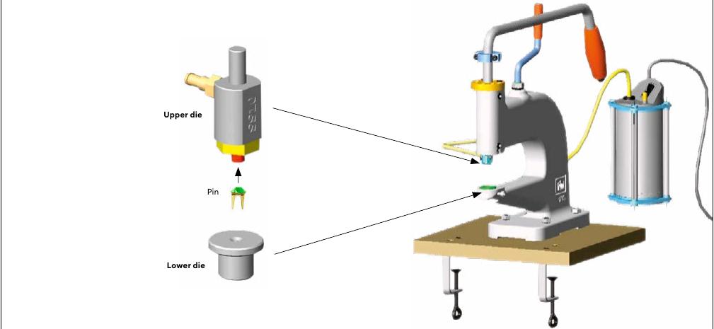 Rose Pin fly press setup with upper die, Pin and lower die