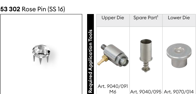 Required application tools for 53 302 Rose Pin, SS 16