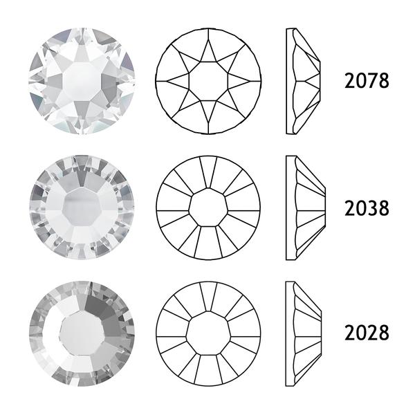 Comparison of Swarovski 2028 2038 and 2078 Hotfix Rose cuts